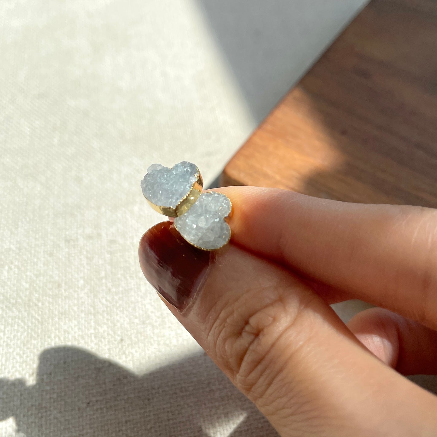 Heart-shaped White Druzy Stone Two-way Gold-plated Earring