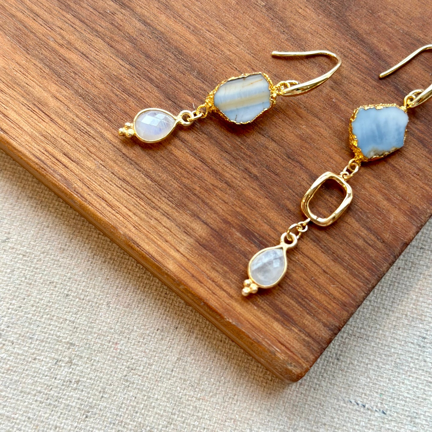 Blue Opal And Moonstone Asymmetric Gold-plated Earring