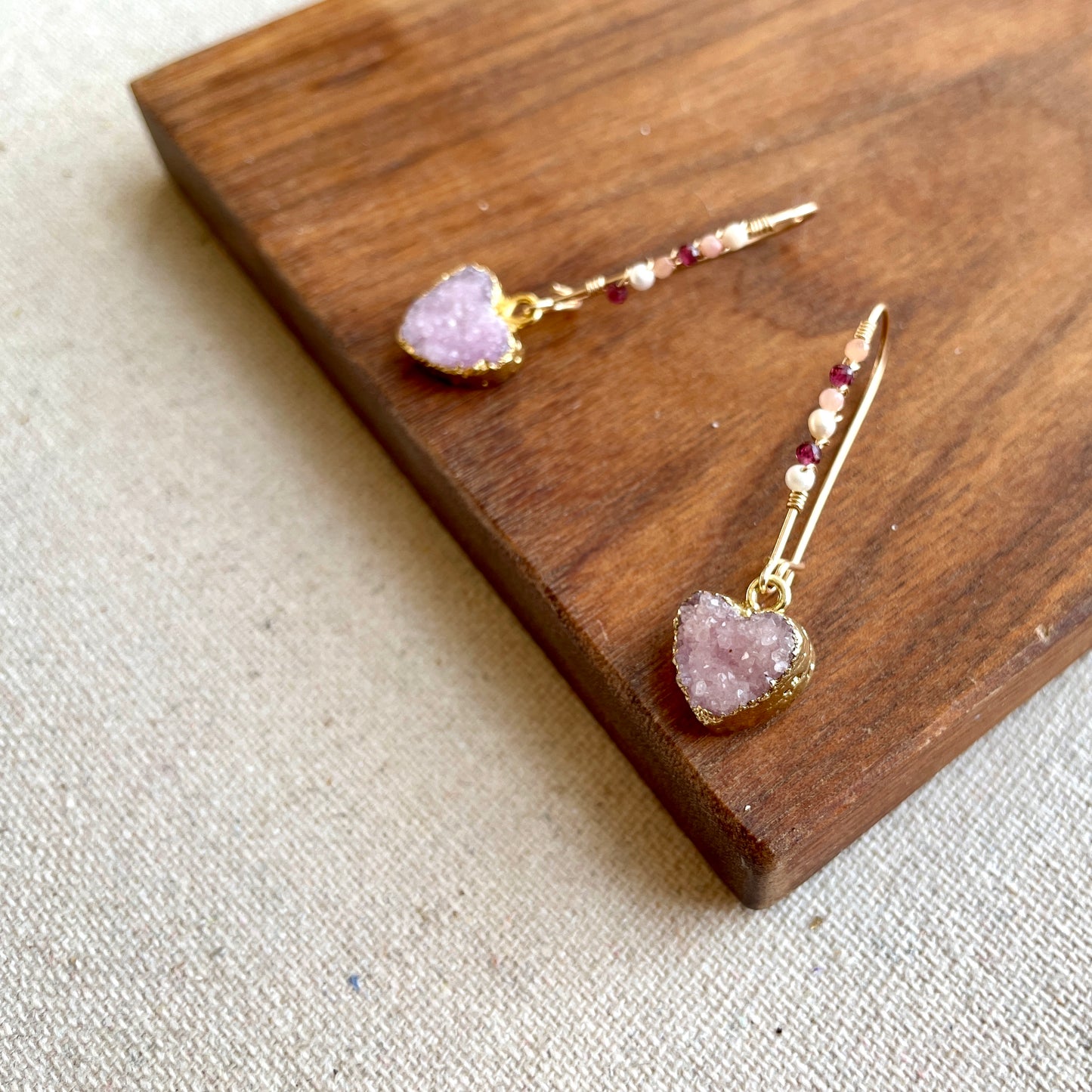 Heart-shaped Druzy Stones Wire Wrapping 14k Gold-filled Earring