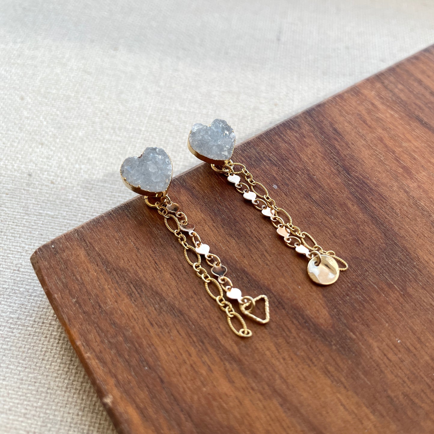 Heart-shaped White Druzy Stone Two-way Gold-plated Earring