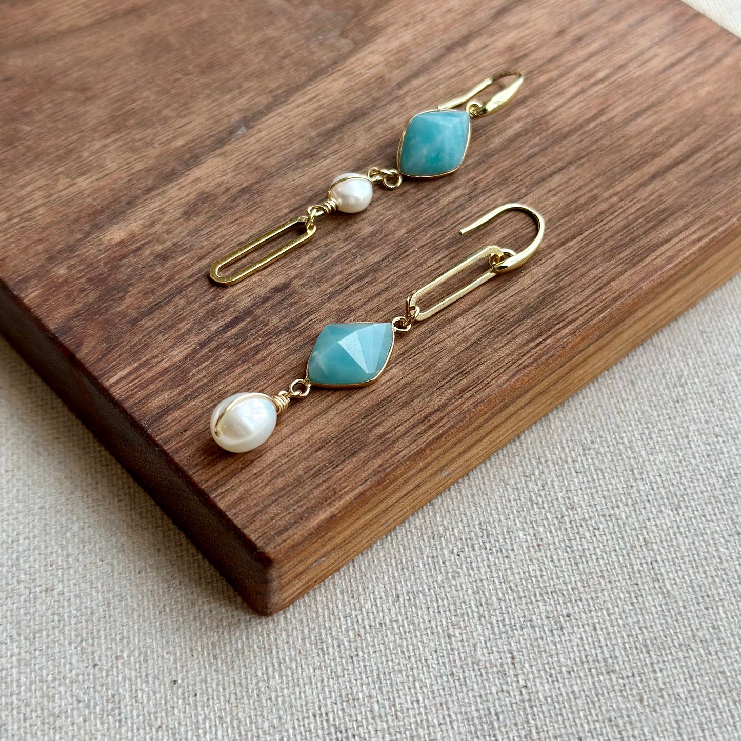 Amazonite And Freshwater Pearl Asymmetric Dangling Gold-plated Earring