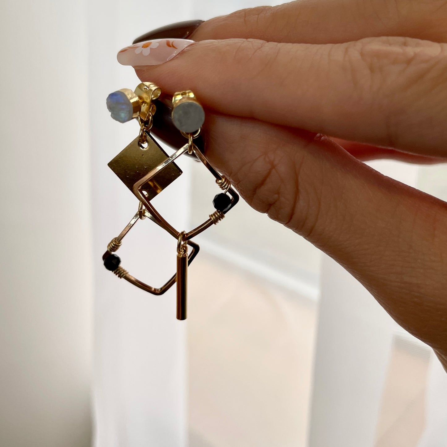 Moonstone And Black Spinel Two-way Gold-plated Earring