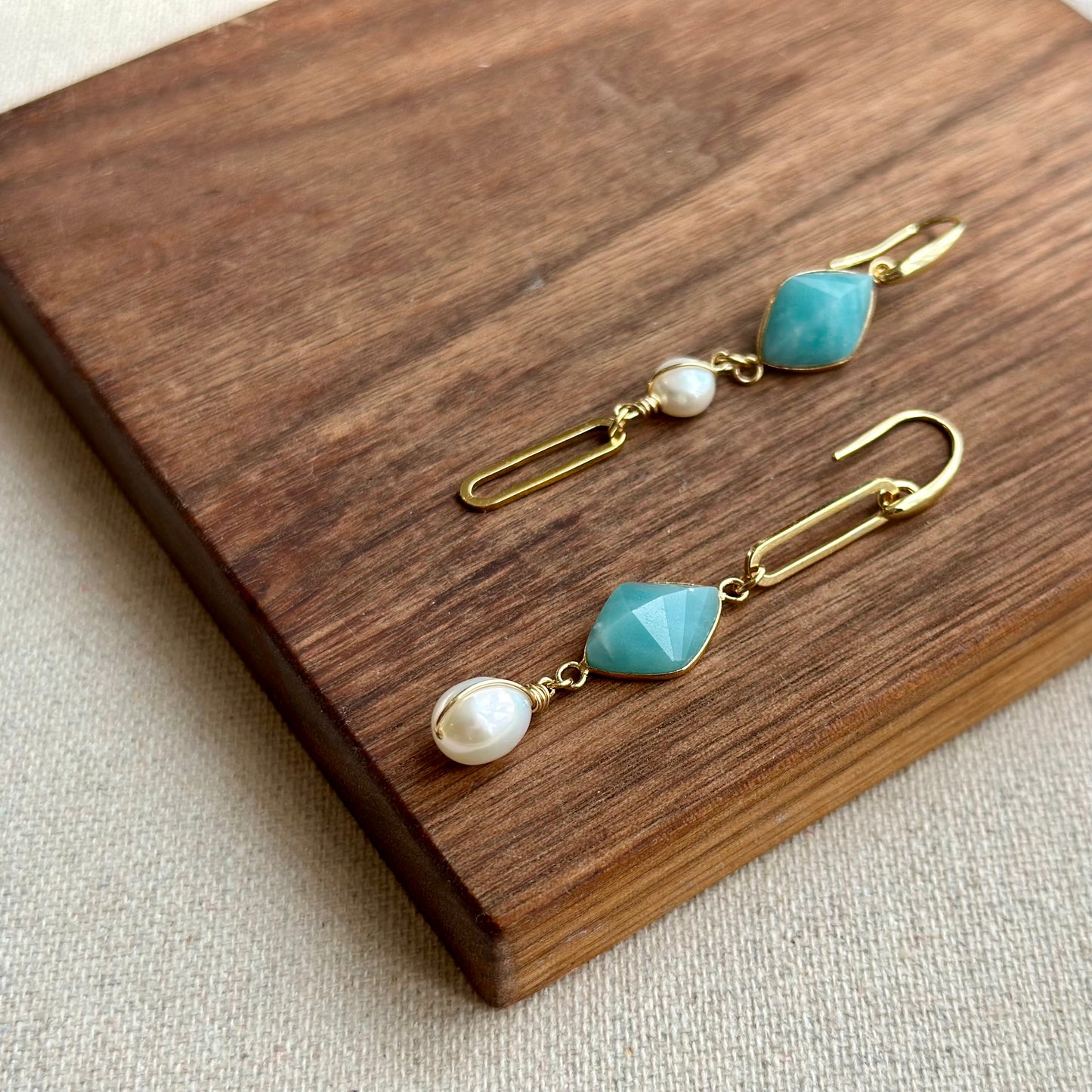 Amazonite And Freshwater Pearl Asymmetric Dangling Gold-plated Earring