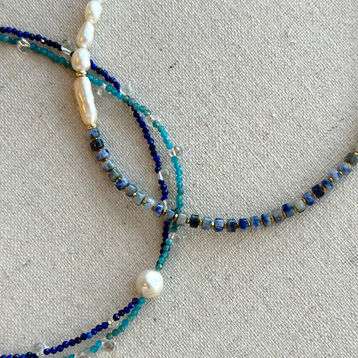 Freshwater Pearl And Lapis Mixed Apatite Beaded Double Layer Necklace