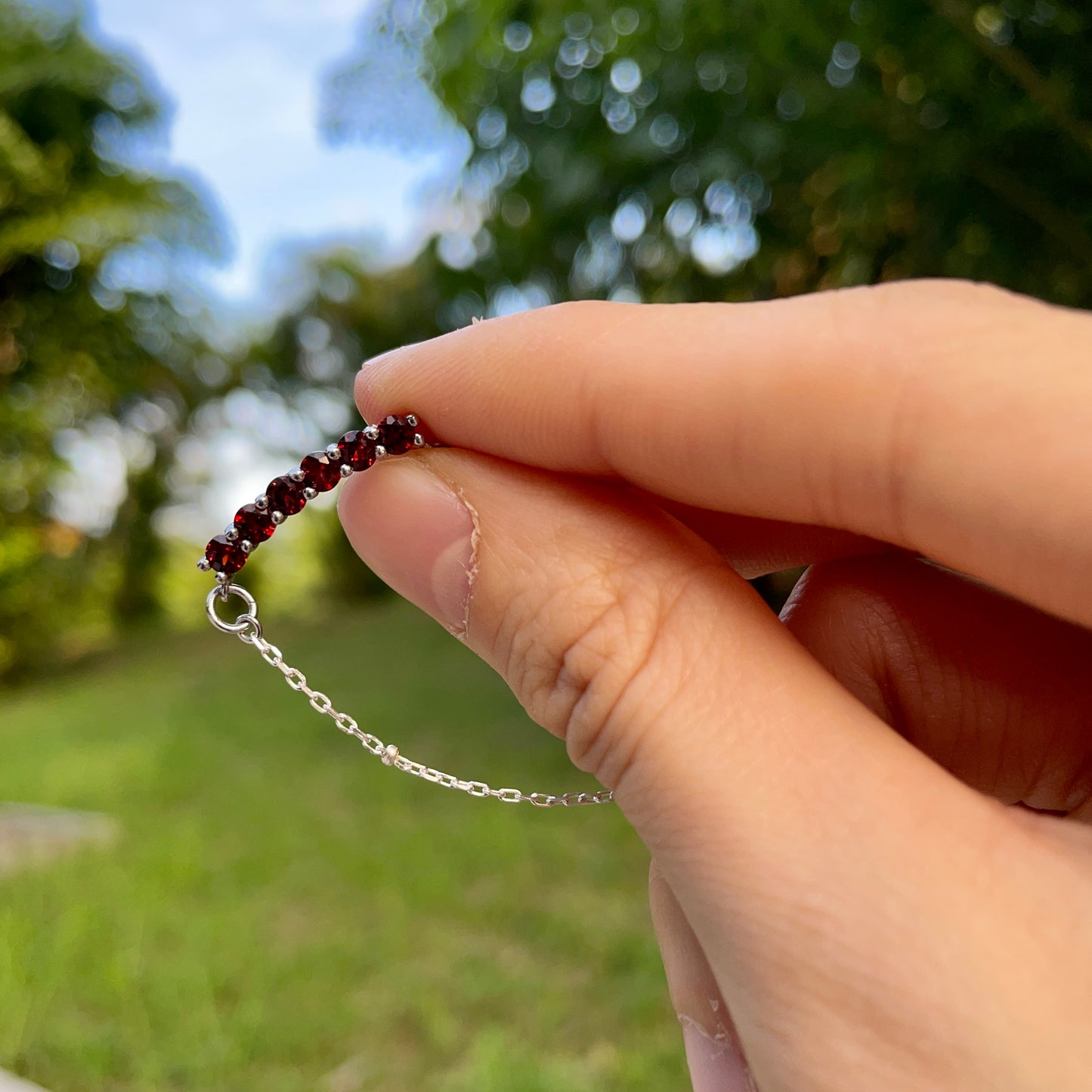 Tiny Garnet Bar Sterling Silver Necklace