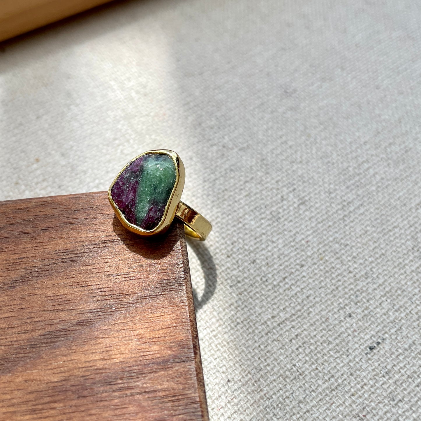 Ruby Zoisite Raw Stone Adjustable Gold-plated Ring