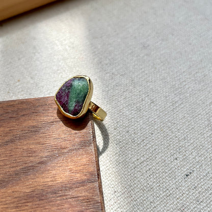 Ruby Zoisite Raw Stone Adjustable Gold-plated Ring