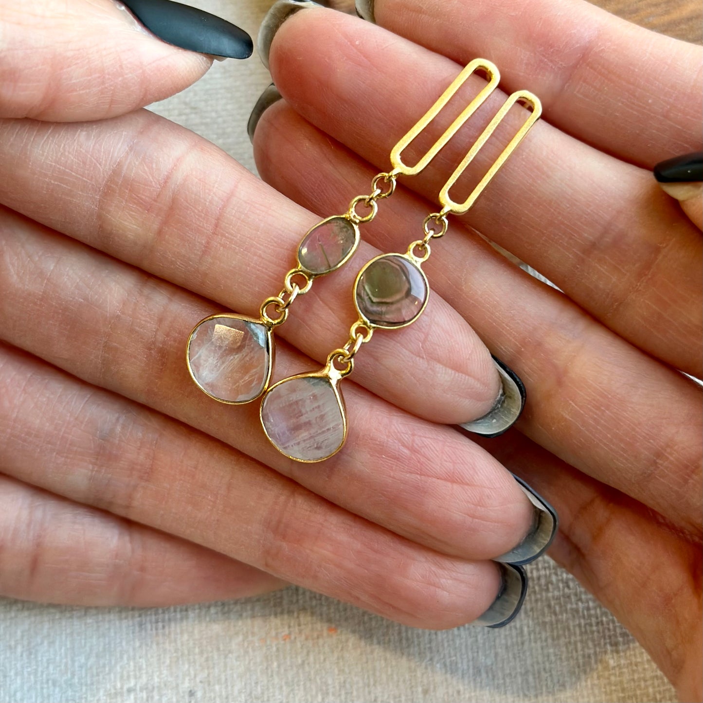 Watermelon Tourmaline And Moonstone Gold-plated Earring