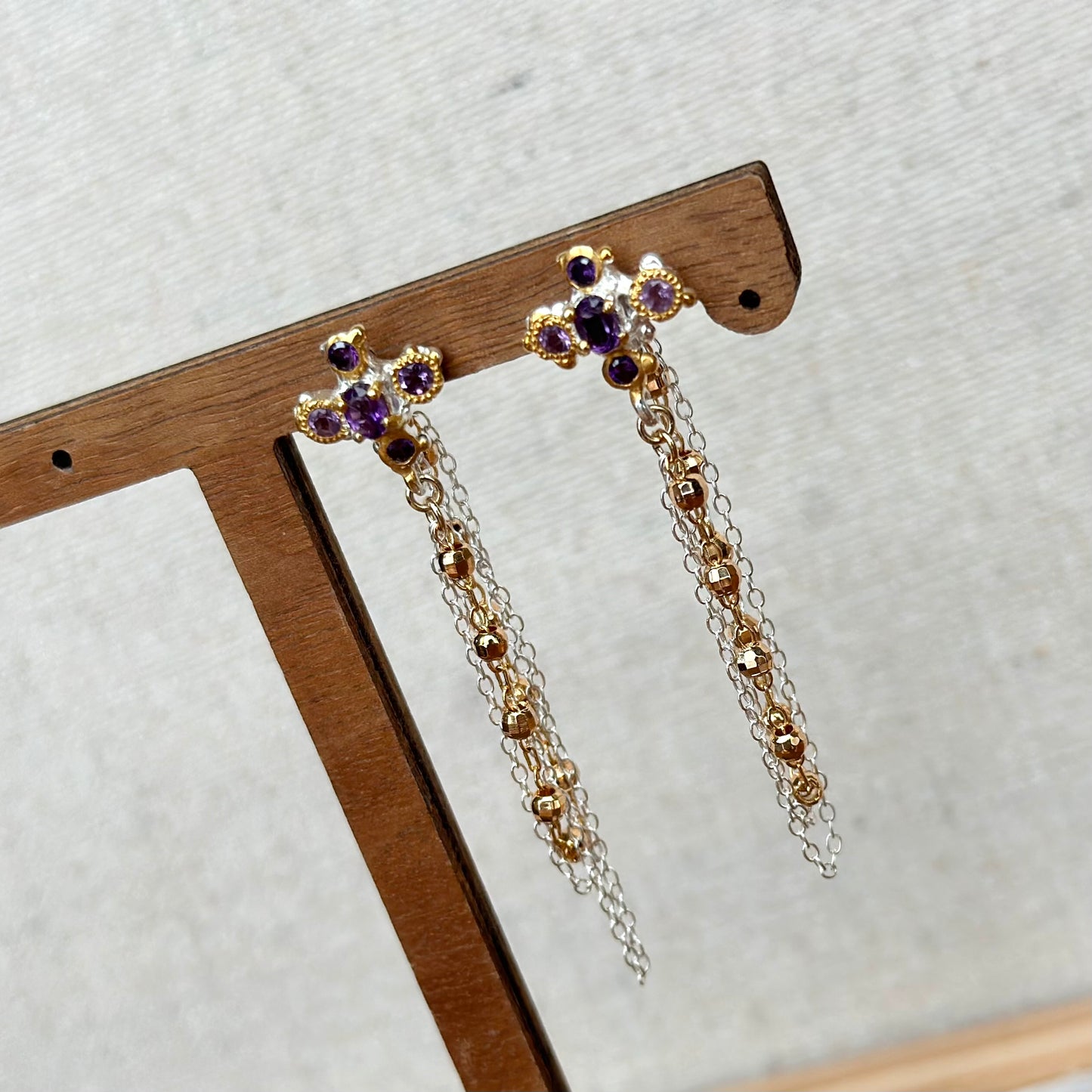 Amethyst And Chain Hoop-like Gold-plated Sterling Silver Earring