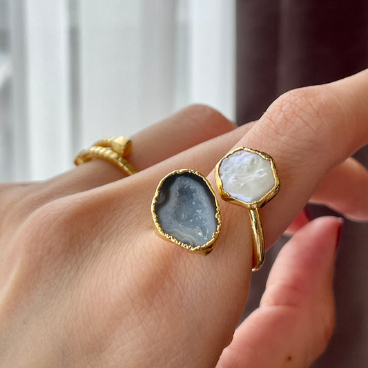 Freshwater Pearl And Agate Geode Adjustable Gold-plated Ring