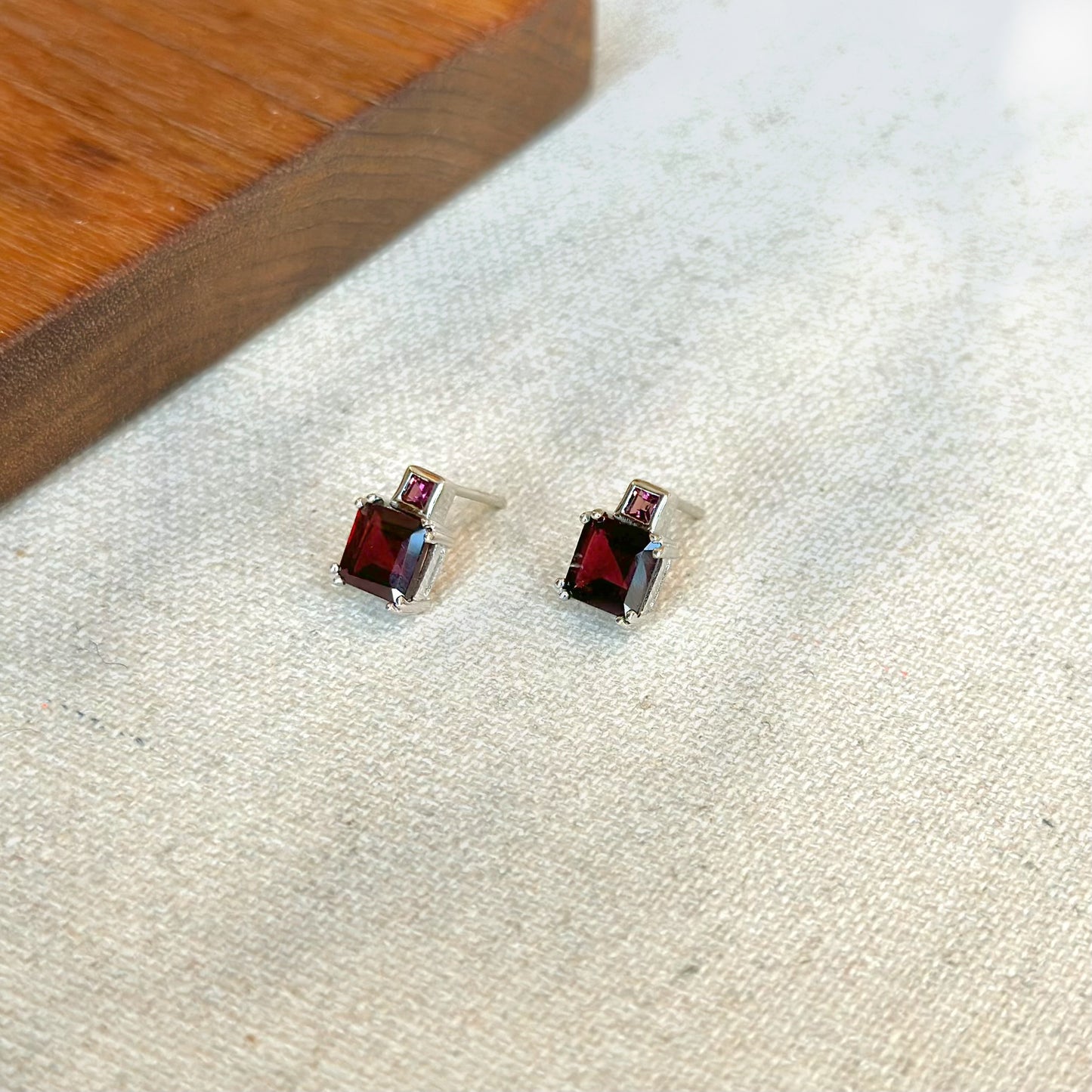 Garnet Square Cut Sterling Silver Ear Stud