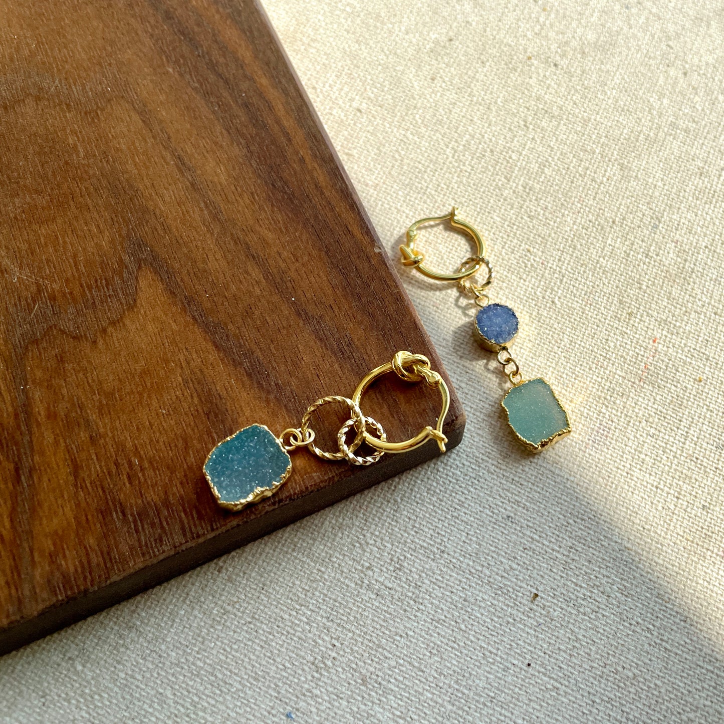 Blue Druzy Stone And Knots Gold-plated Two-way Ear Hoop