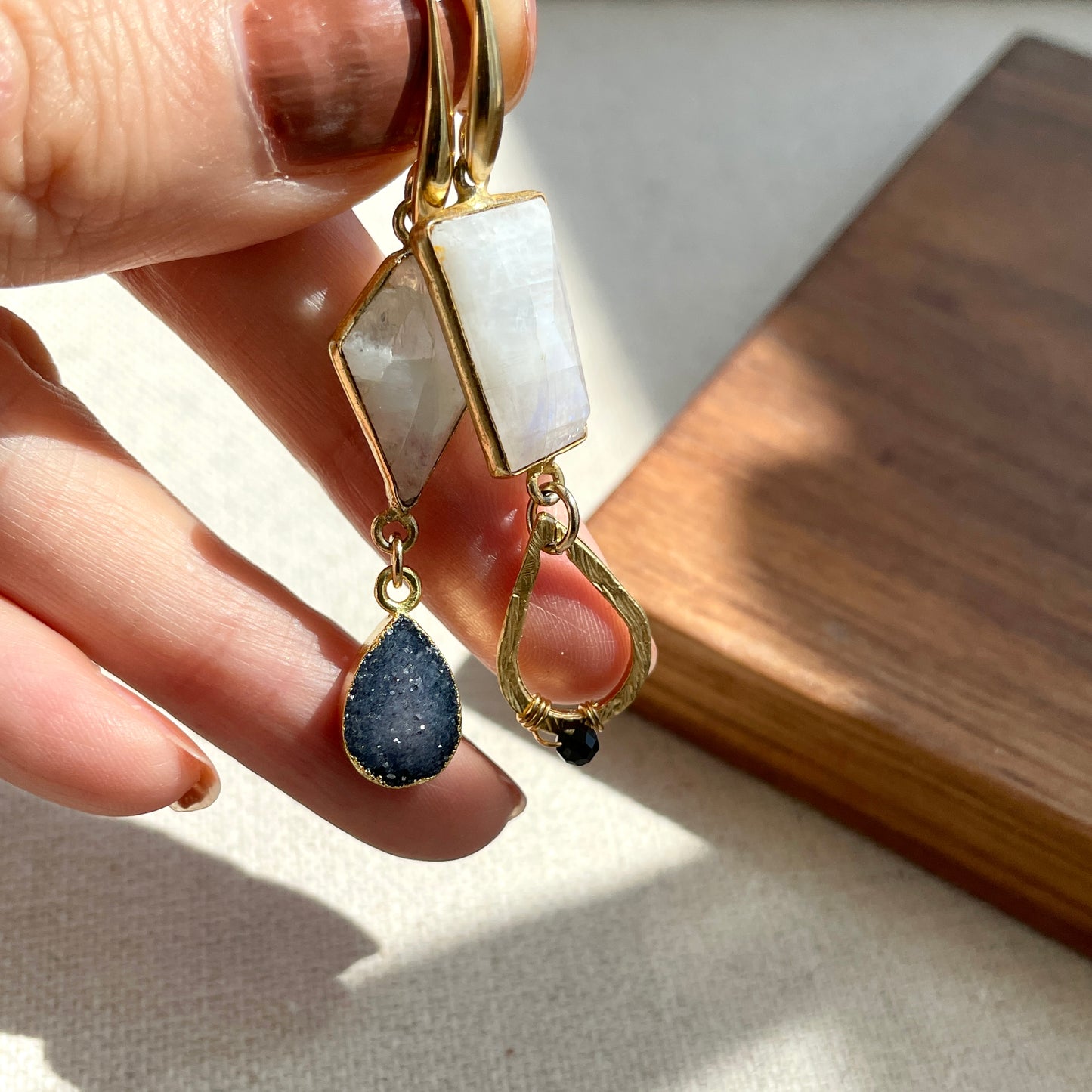 Moonstone And Druzy Stone 14k Gold-filled Wire Wrapping Earring