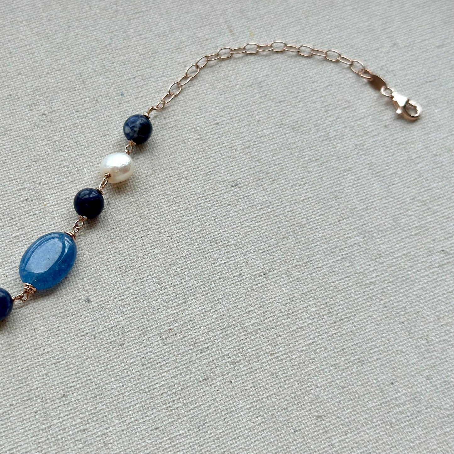 Sodalite And Freshwater Pearl Beaded Rose Gold-plated Italian Sterling Silver Chain Necklace