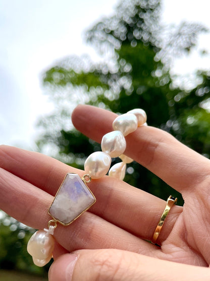 Moonstone And Freshwater Pearl Beaded Bracelet