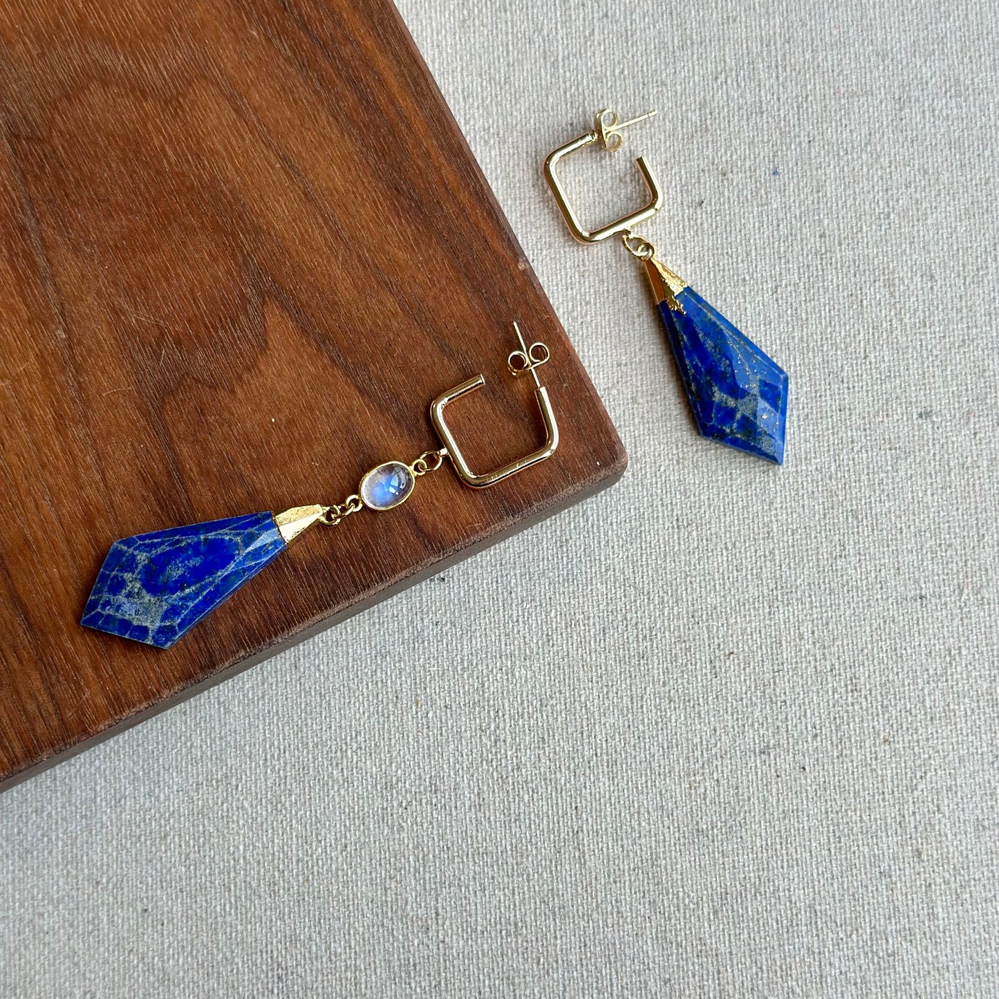 Lapis And Moonstone Asymmetric Gold-plated Earring