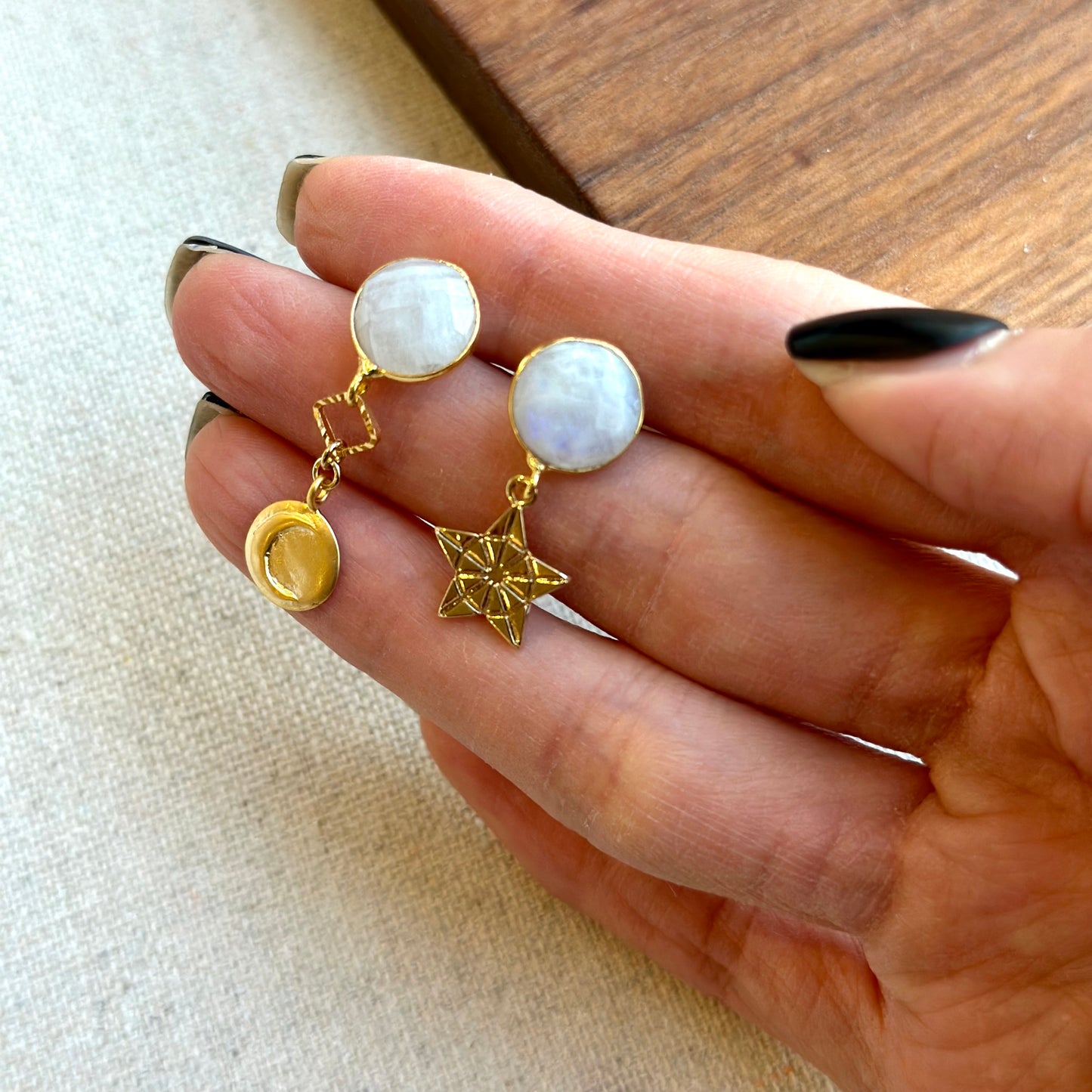 Rainbow Moonstone Stud And Starry Moon Night Gold-plated Earring