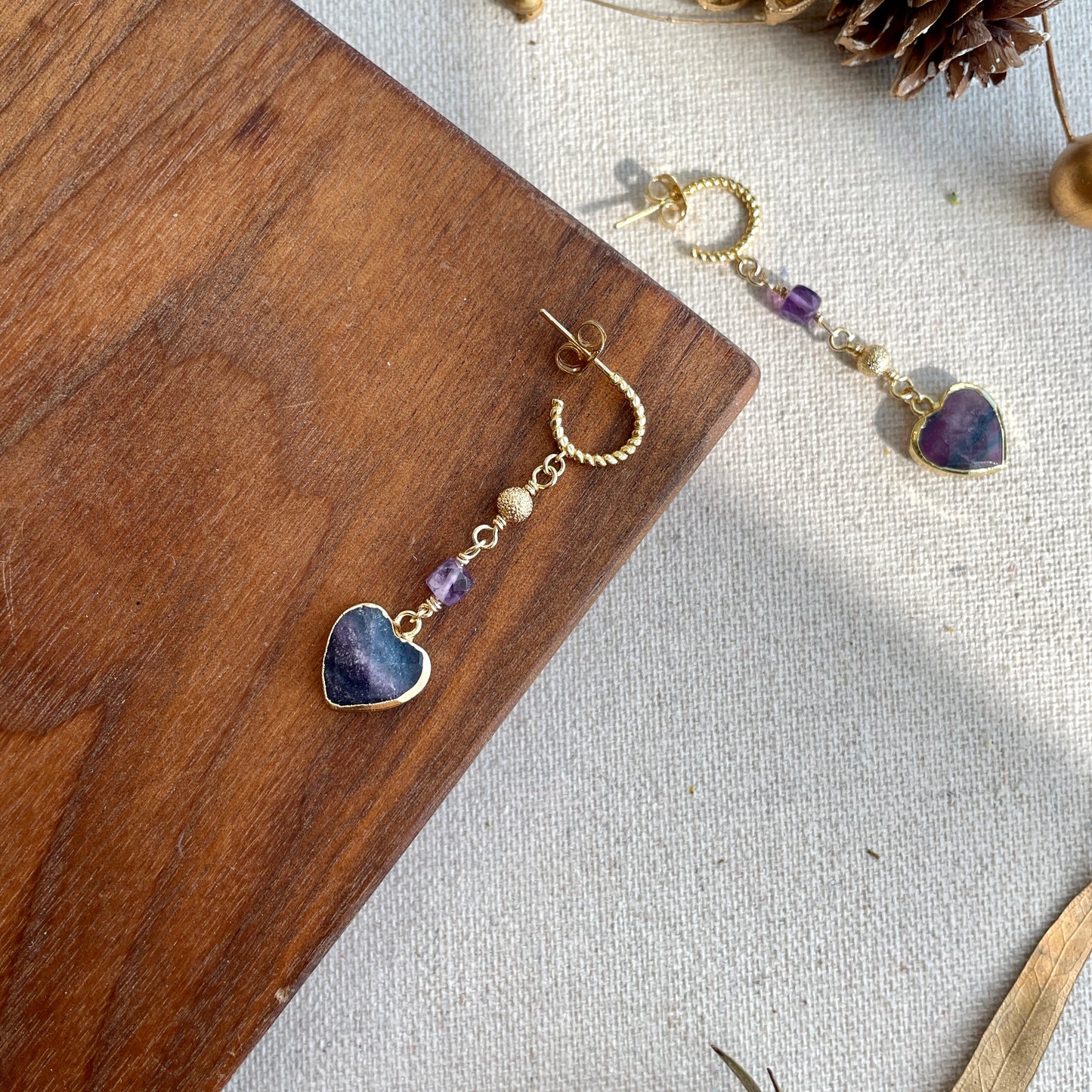 Heart-shaped Fluorite And Amethyst Gold-plated Ear Hoop