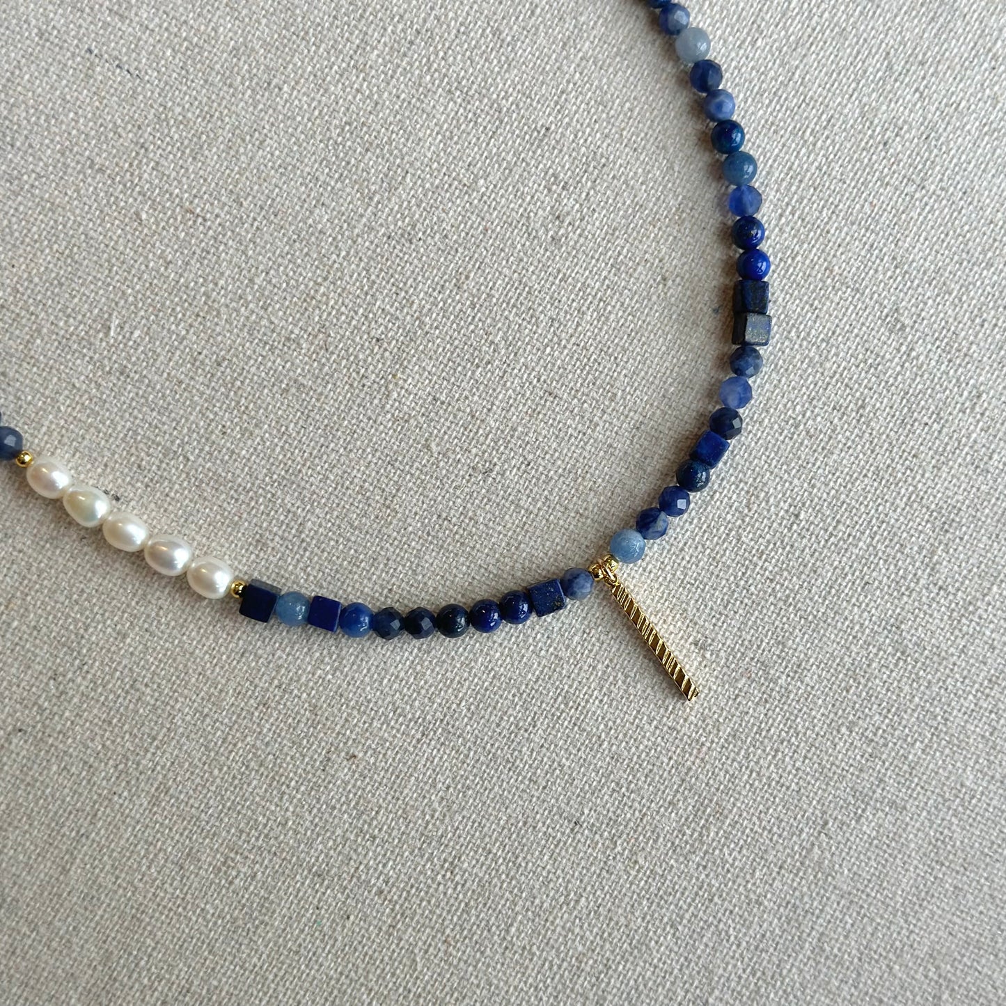 Mixed Shape Lapis And Sodalite  Beaded Asymmetric Choker Necklace