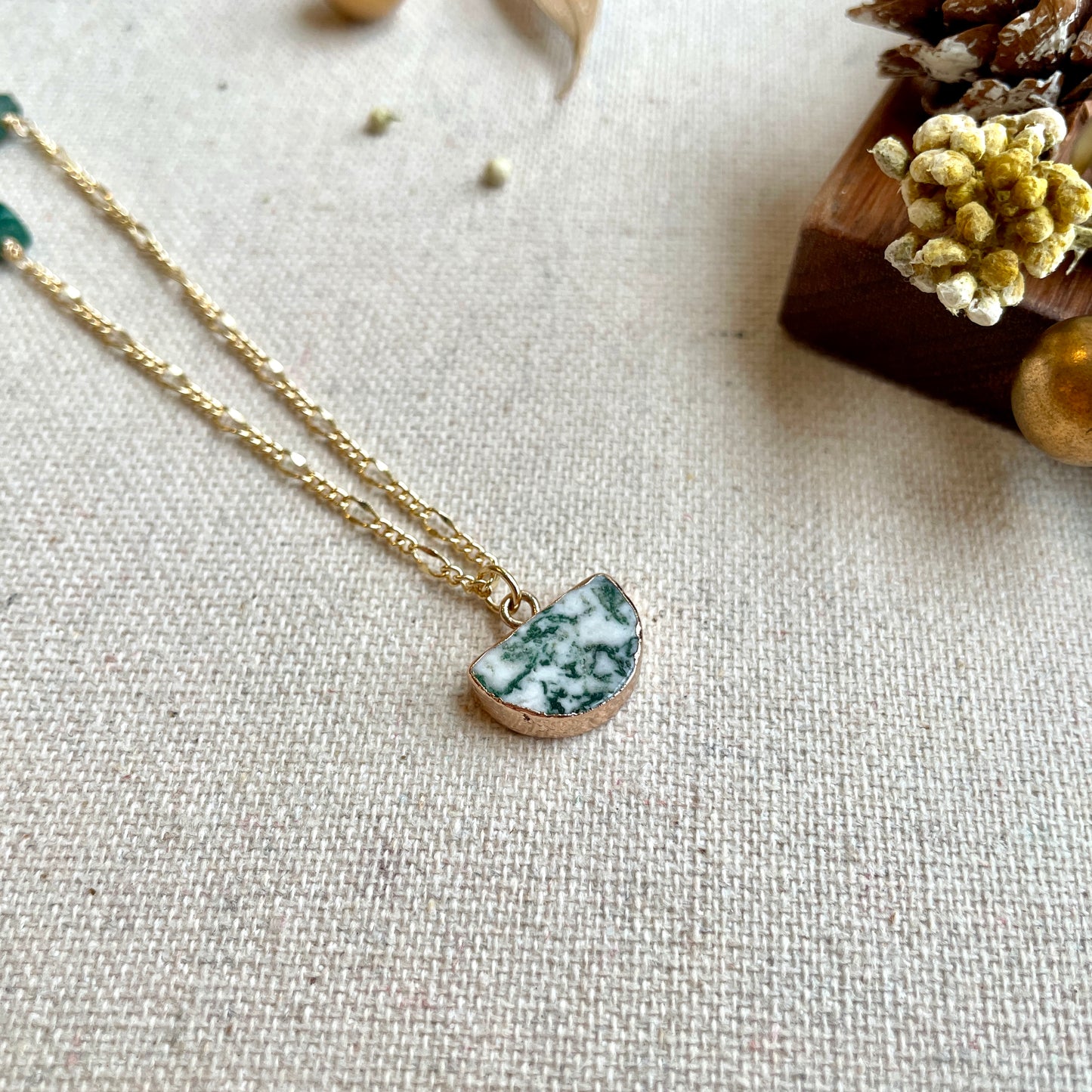 Tree Agate And Malachite Long Gold-plated Necklace