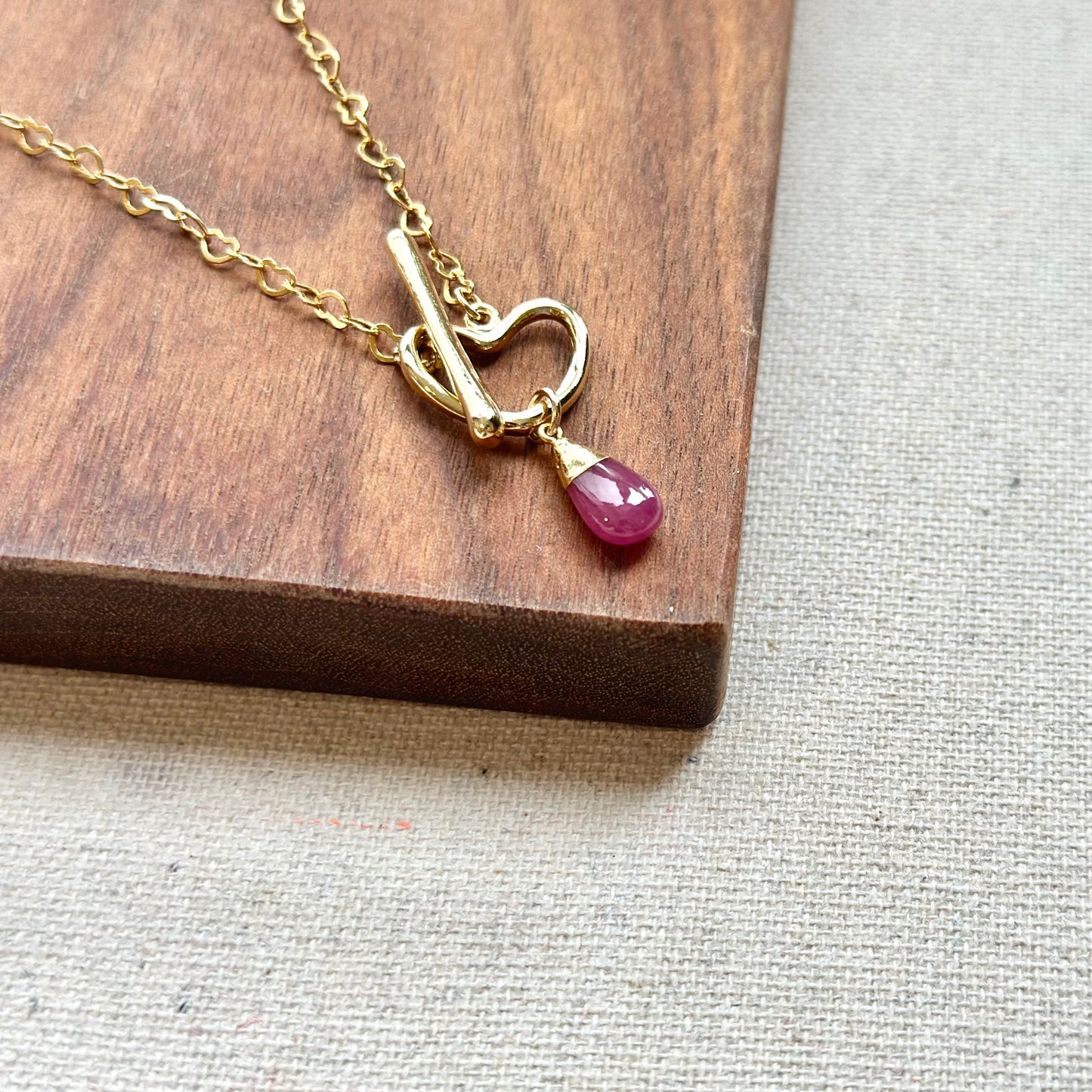 Pink Sapphire Heart Hoop Toggle Gold-plated Sterling Silver Necklace