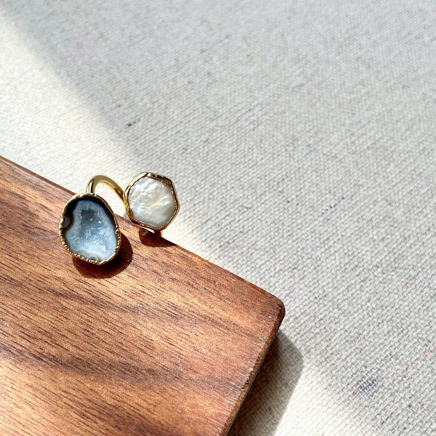 Freshwater Pearl And Agate Geode Adjustable Gold-plated Ring