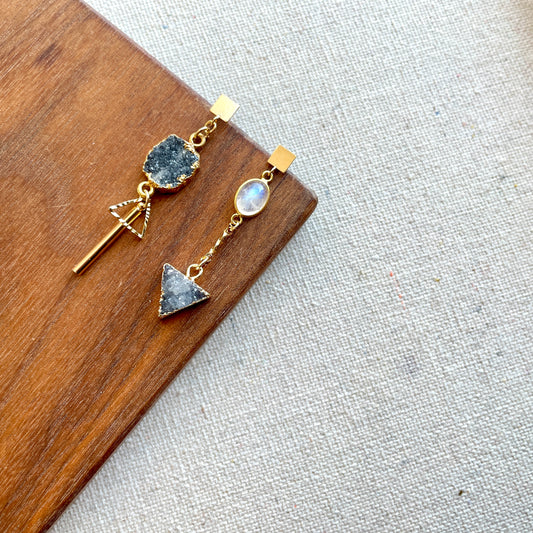 Moonstone And Druzy Stones 14k Gold-filled Stud Earring