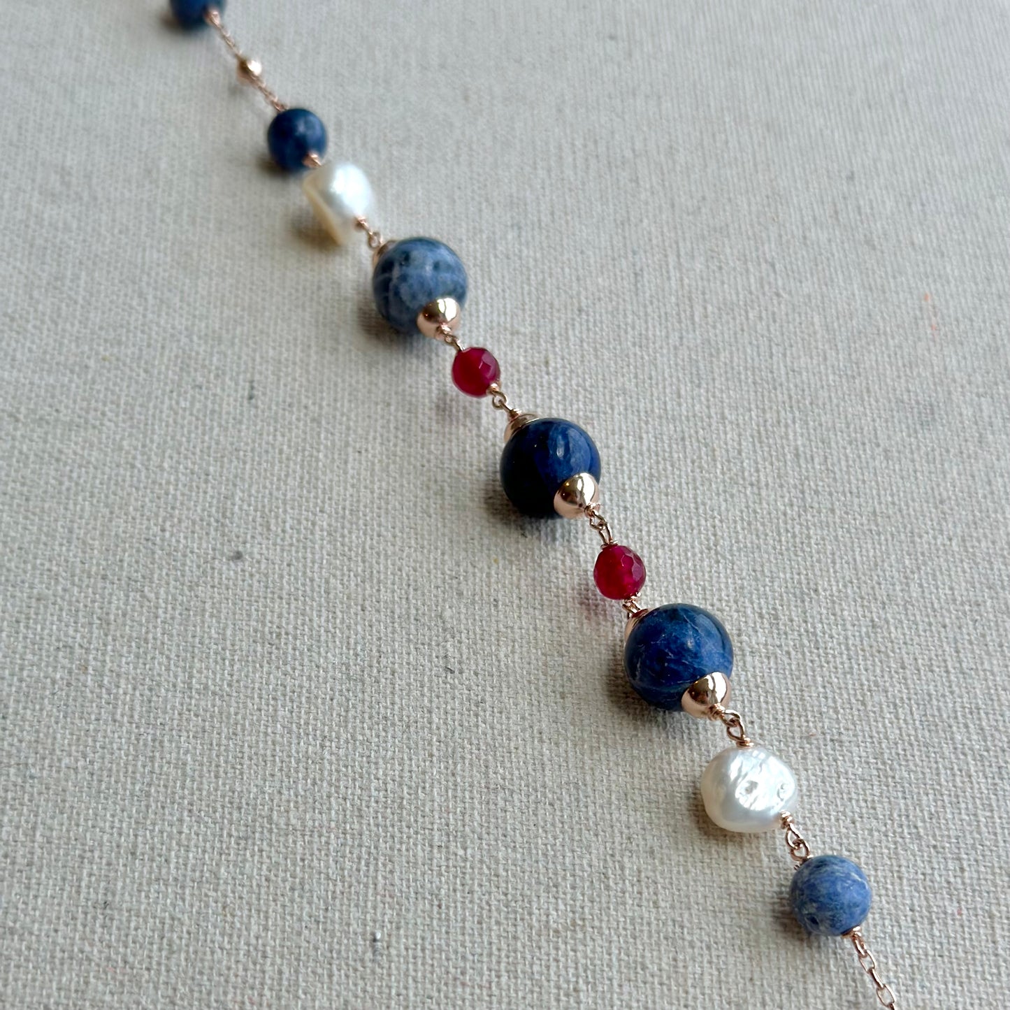 Sodalite Mixed Ruby And Freshwater Pearl Beaded Rose Gold-plated Italian Sterling Silver Necklace