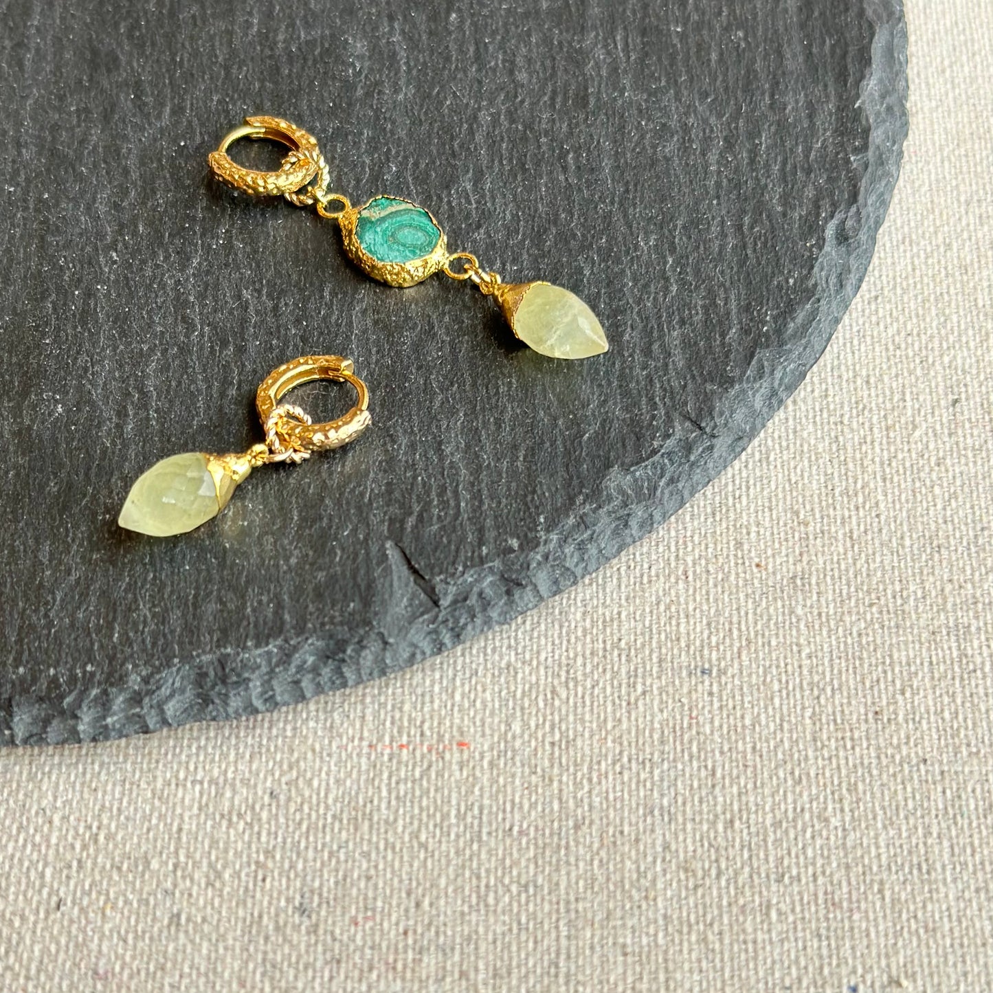 Malachite And Prehnite Two way Gold-plated Sterling Silver Ear Hoop