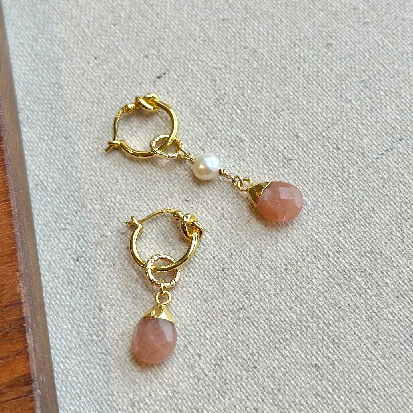 Peach Moonstone Drop Gold-plated Sterling Silver Two-way Ear Hoop