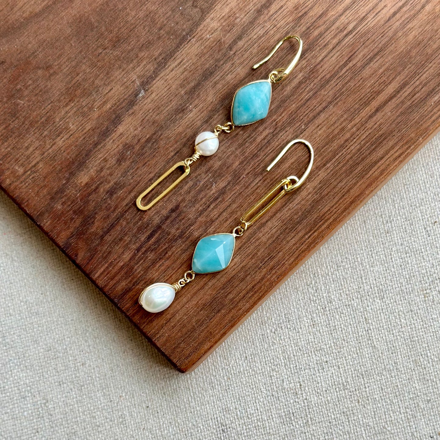 Amazonite And Freshwater Pearl Asymmetric Dangling Gold-plated Earring