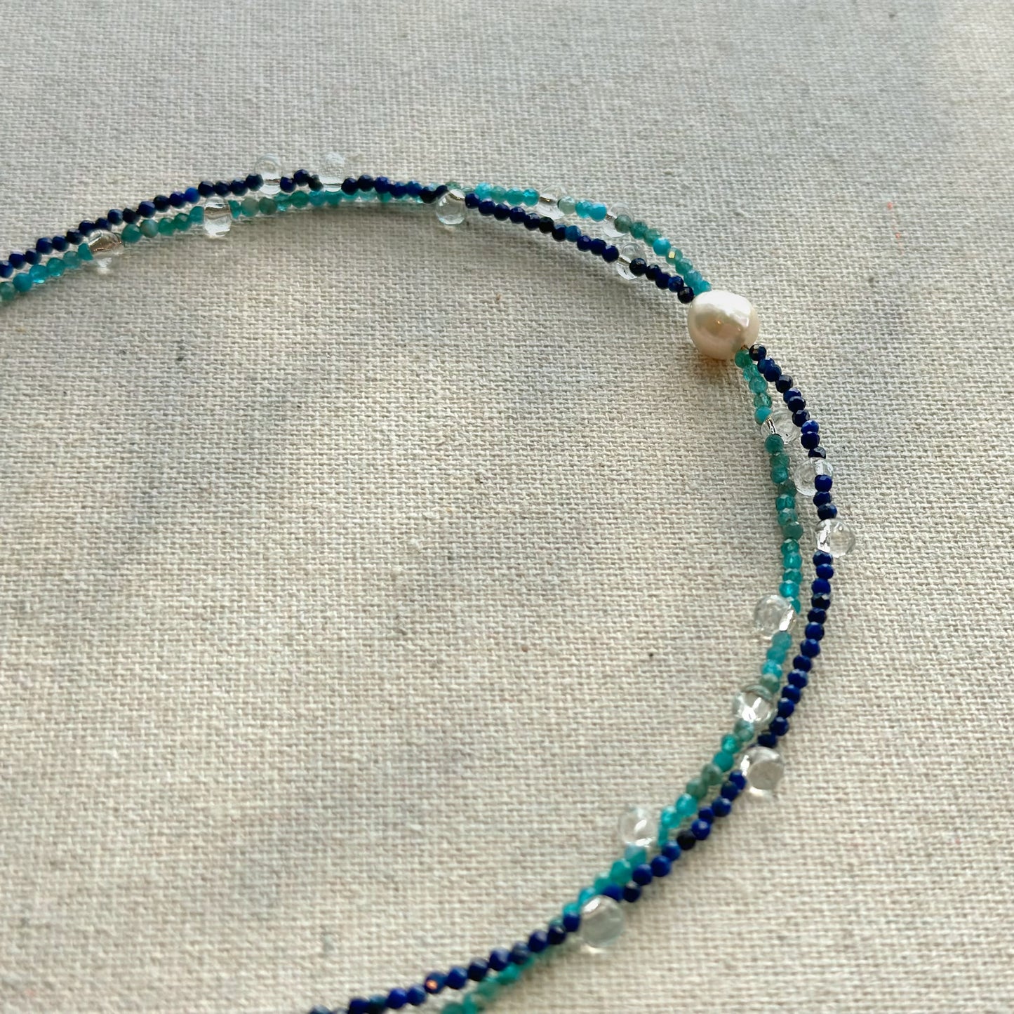 Freshwater Pearl And Lapis Mixed Apatite Beaded Double Layer Necklace