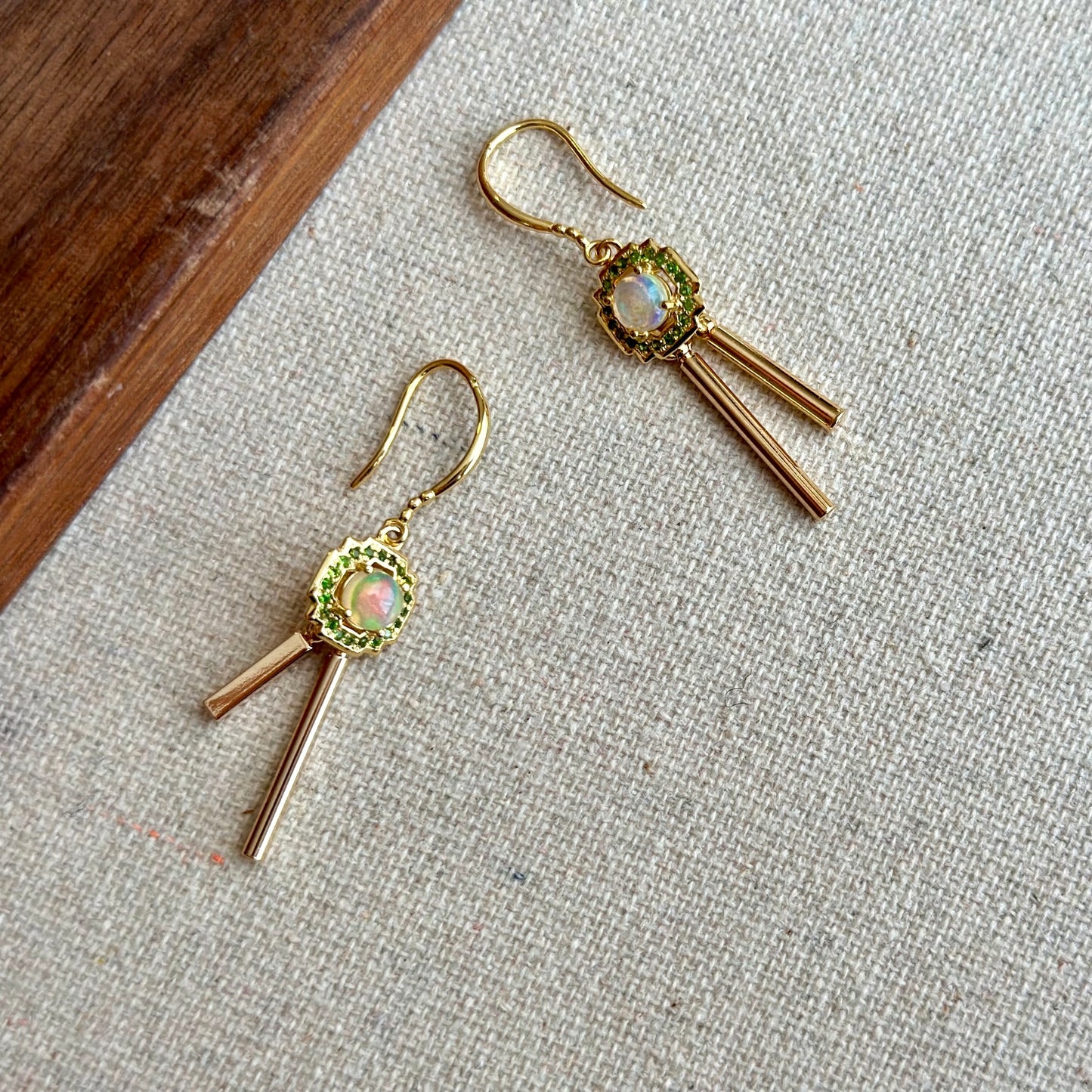 Opal And Diopside Dangling Gold-plated Sterling Earring