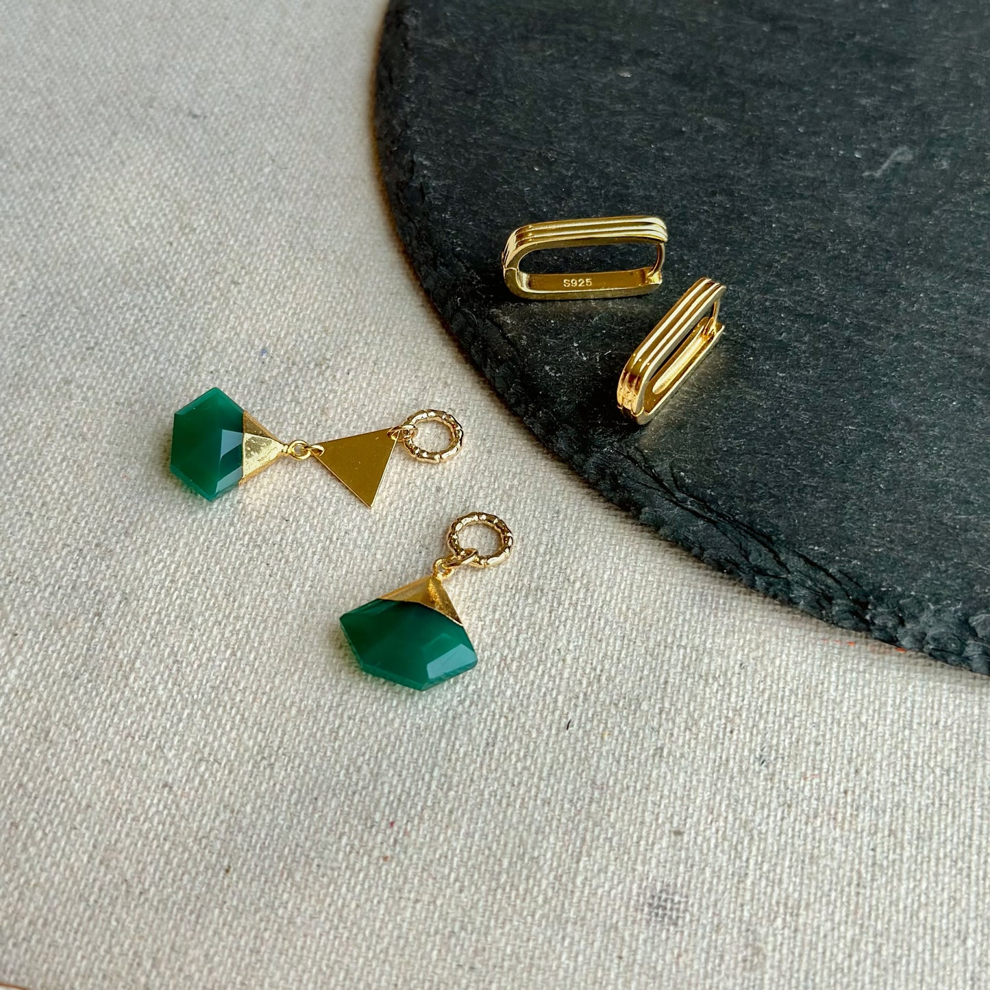 Green Onyx Geometric Two-way Gold-plated Sterling Silver Ear Hoop