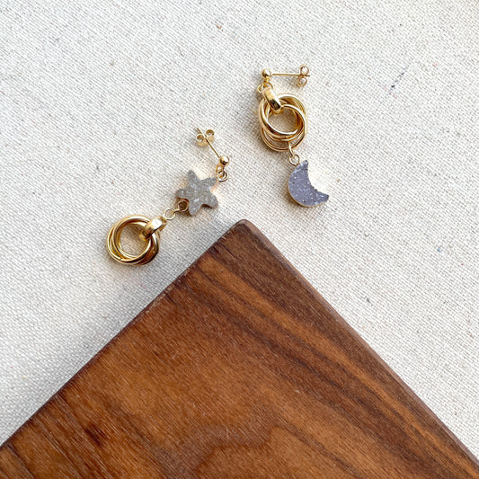 Moon And Star Druzy Stone Gold-plated Italian Sterling Silver Earring