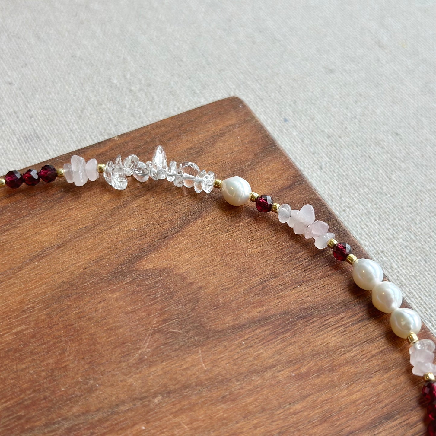 Garnet And Rose Quartz Beaded Asymmetric Choker Necklace