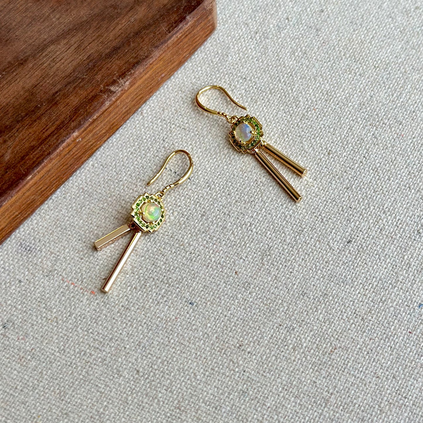 Opal And Diopside Dangling Gold-plated Sterling Earring