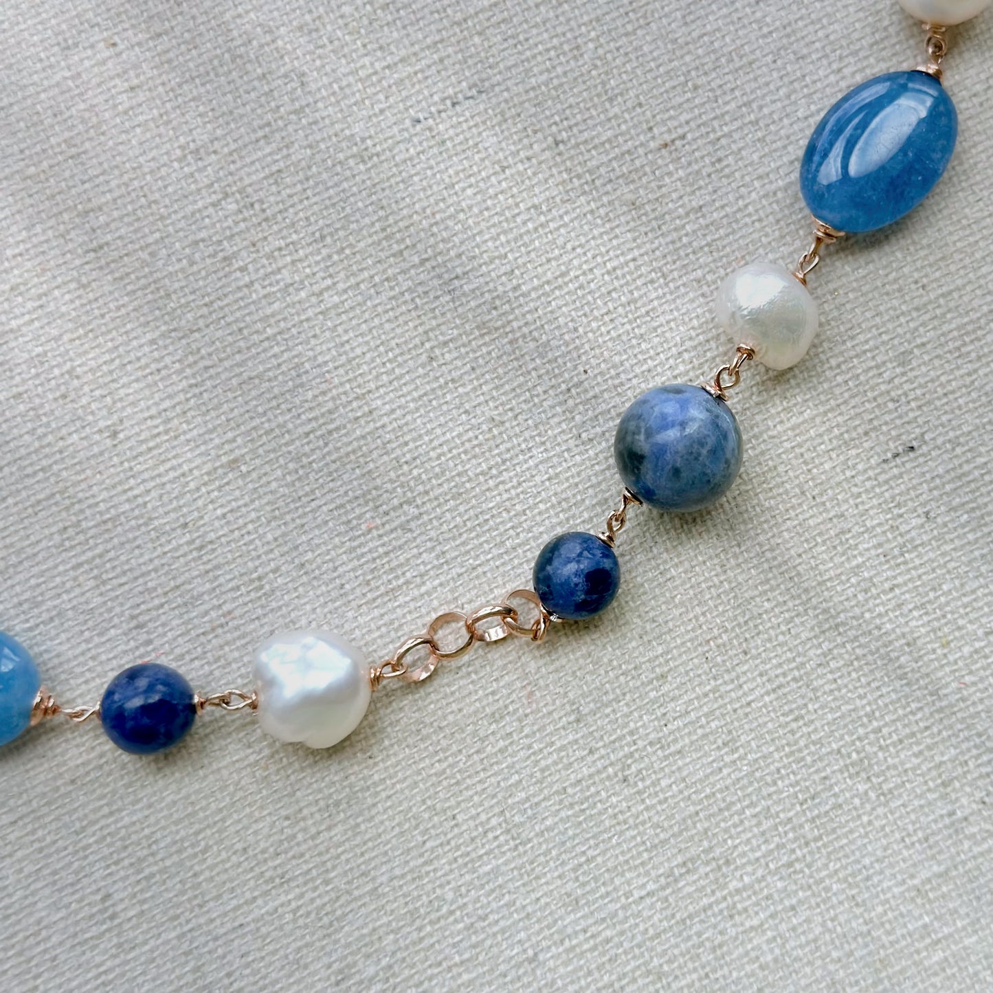 Sodalite And Freshwater Pearl Beaded Rose Gold-plated Italian Sterling Silver Chain Necklace