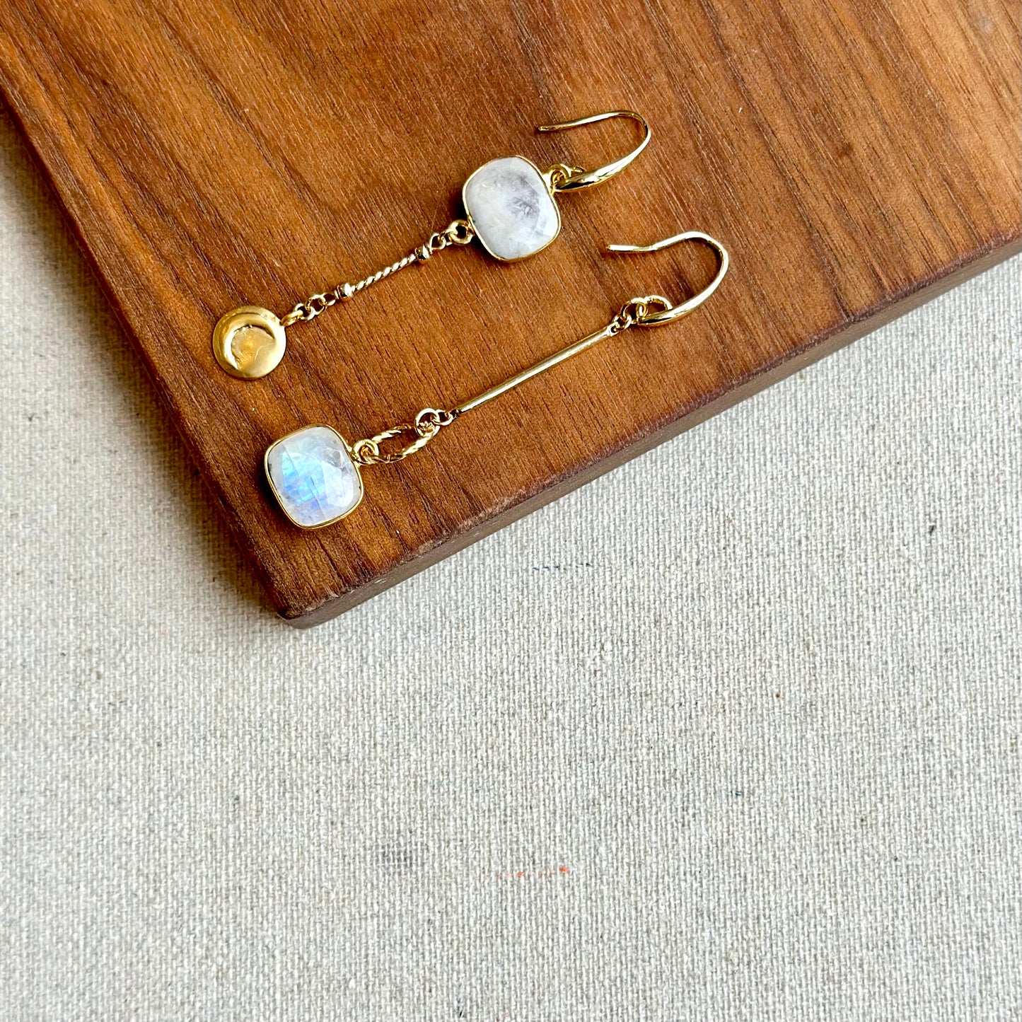 Rainbow Moonstone Asymmetric Dangling Gold-plated Earring