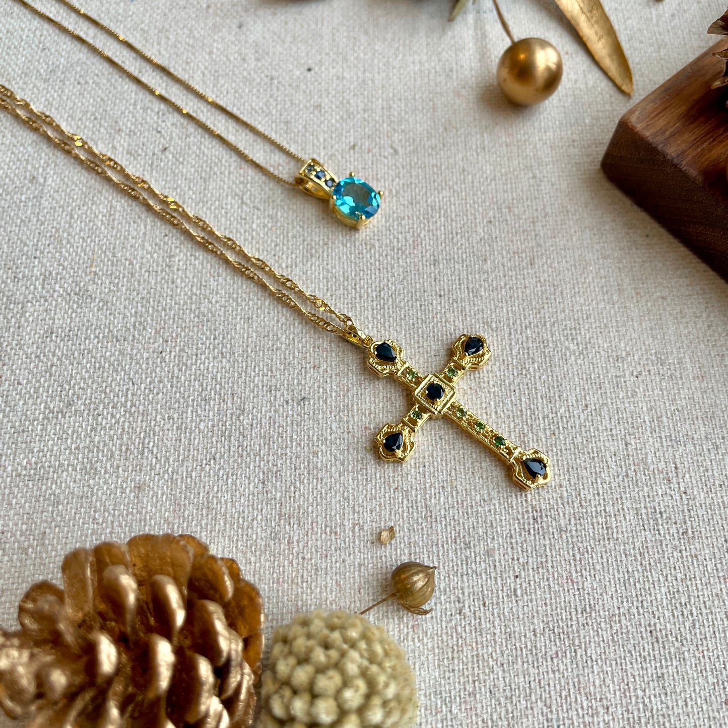 Sapphire And Tourmaline Cross Pendant Long Gold-plated Necklace