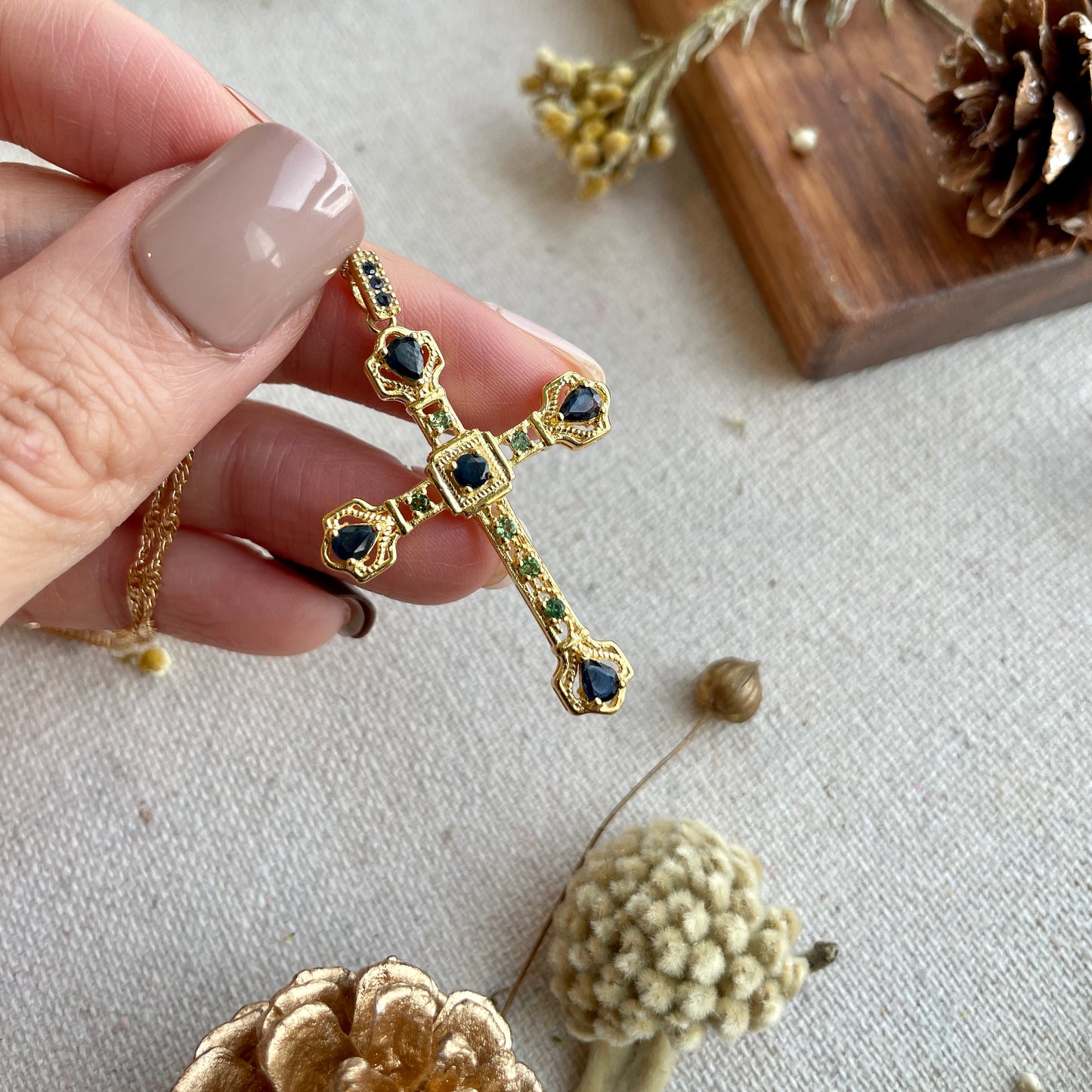 Sapphire And Tourmaline Cross Pendant Long Gold-plated Necklace