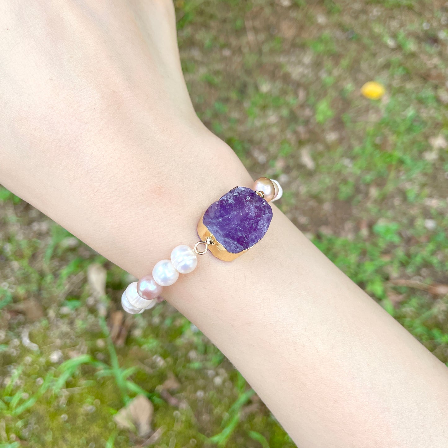 Amethyst Raw Stone And Freshwater Pearl Beaded Bracelet