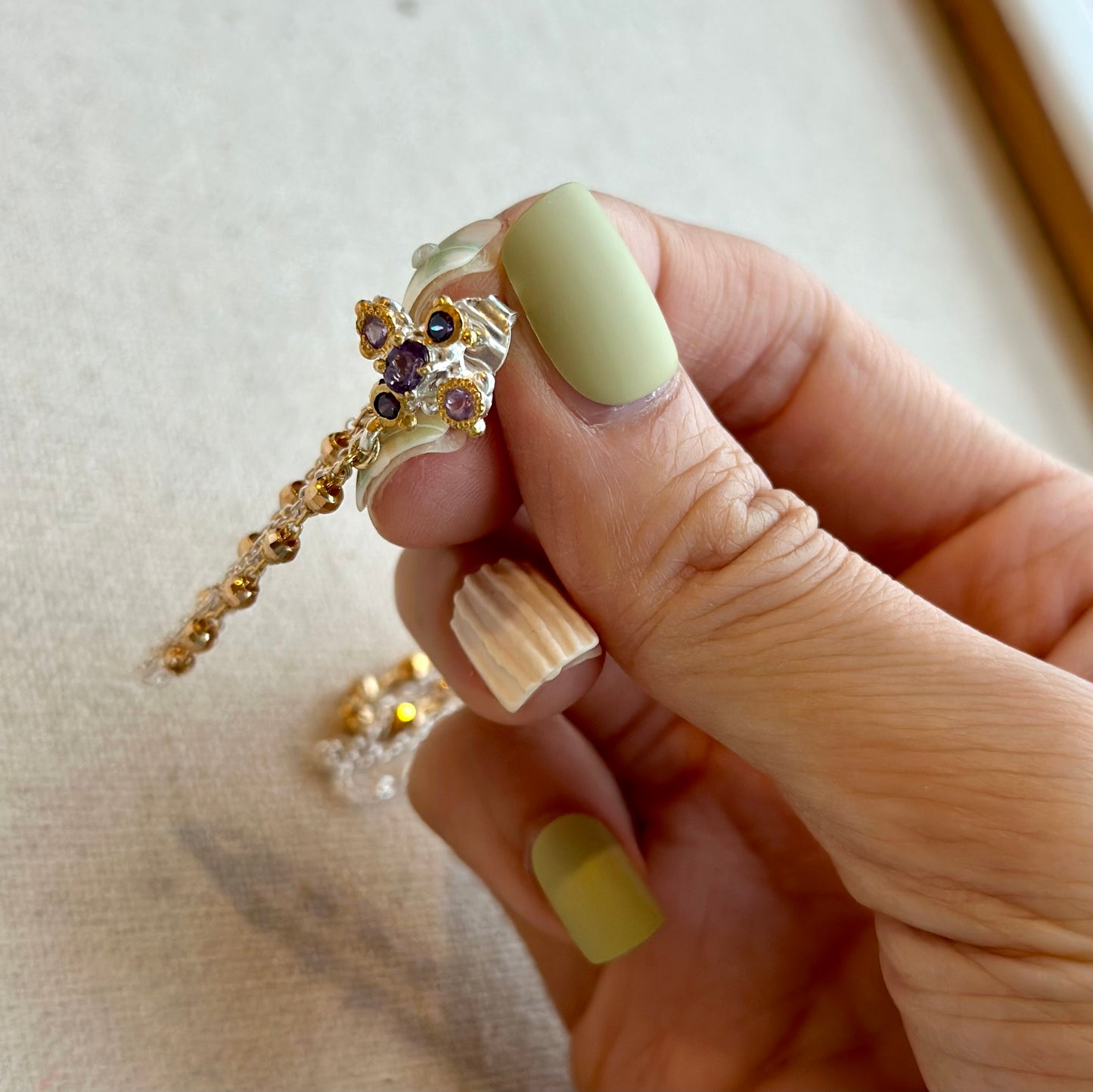 Amethyst And Chain Hoop-like Gold-plated Sterling Silver Earring