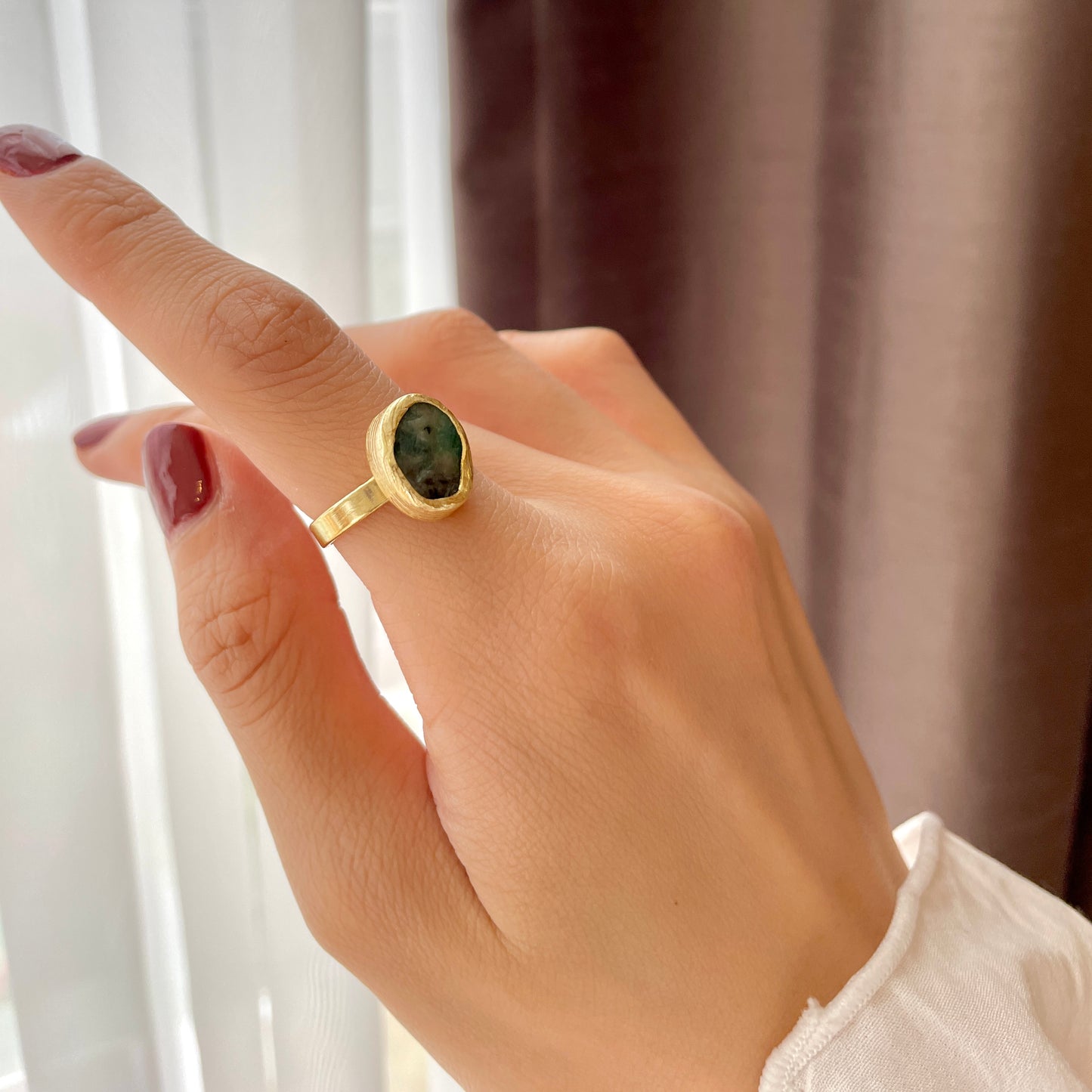 Green Emerald Raw Stone Adjustable Gold-plated Ring