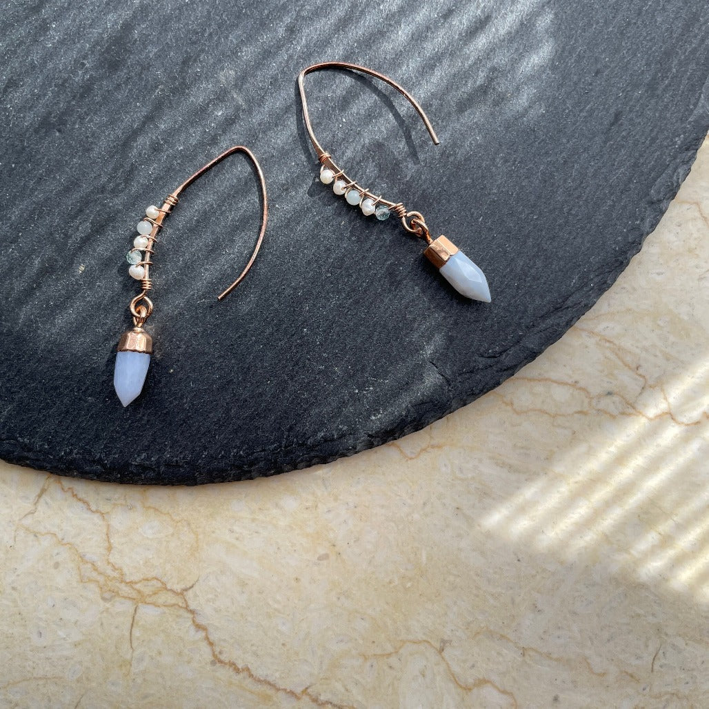 Blue Opal Wire Wrapping Rose Earring