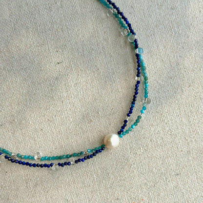 Freshwater Pearl And Lapis Mixed Apatite Beaded Double Layer Necklace