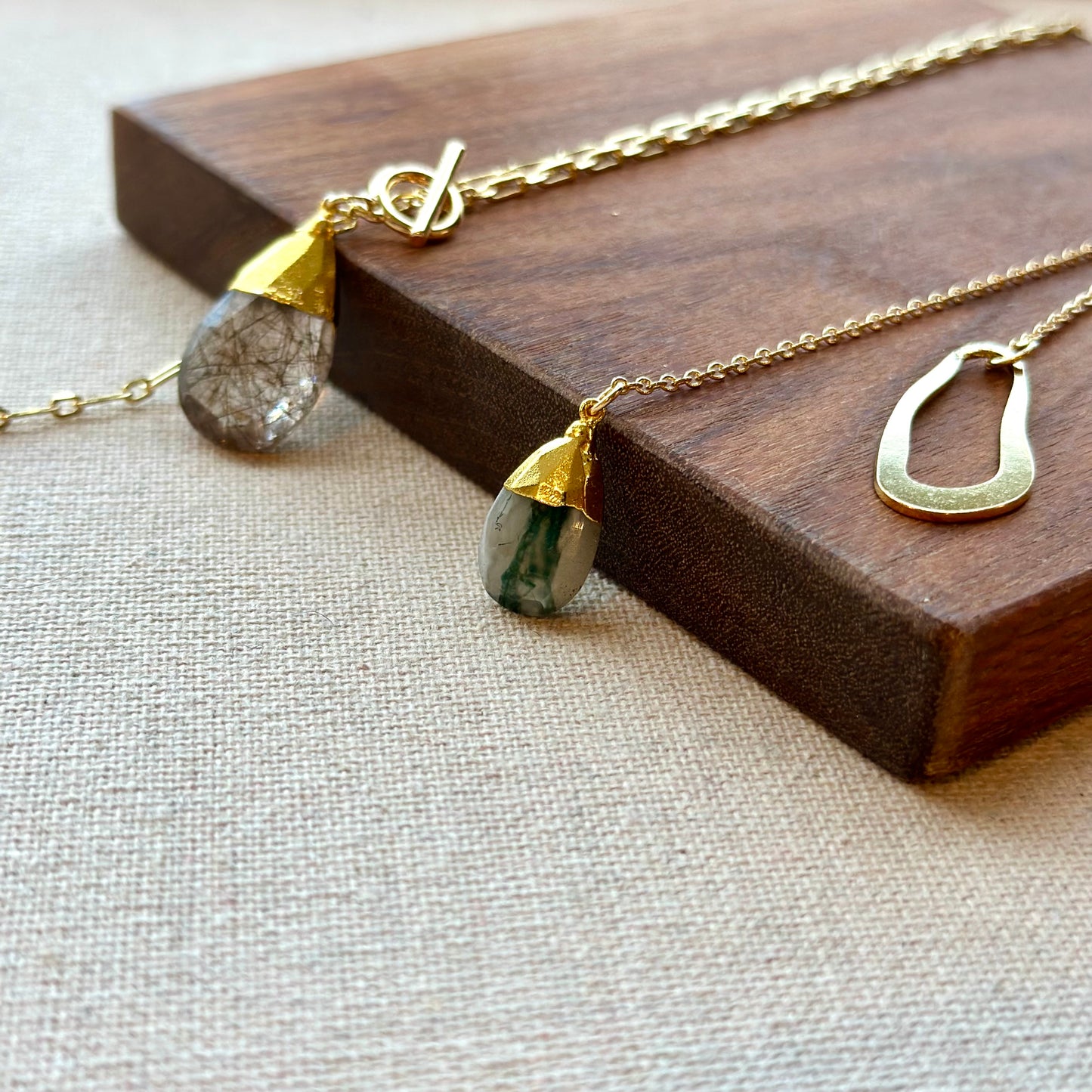 Moss Agate Geometric Y-shaped Long Gold-plated Necklace