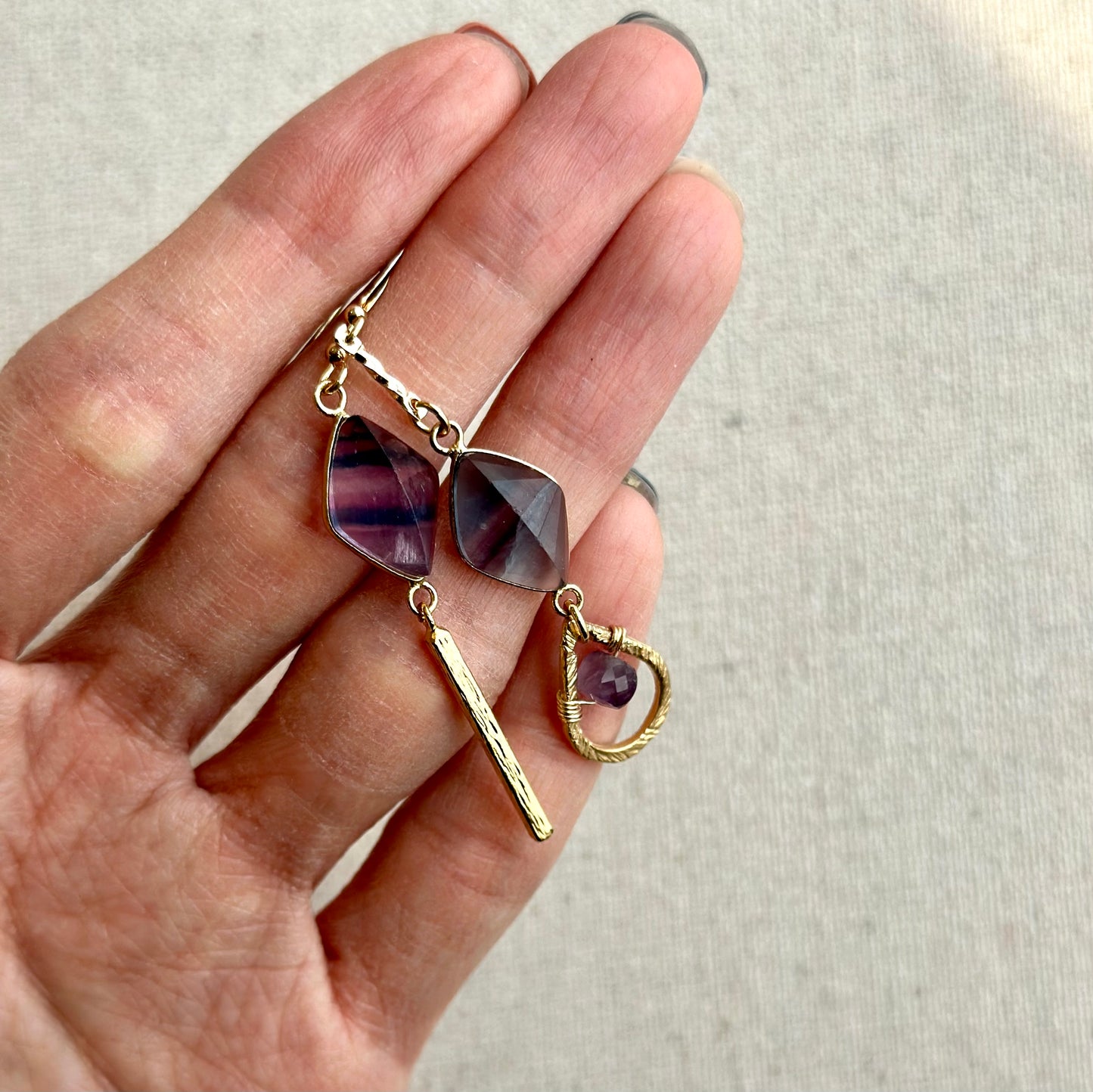 Fluorite Asymmetric Dangling Gold-plated Earring