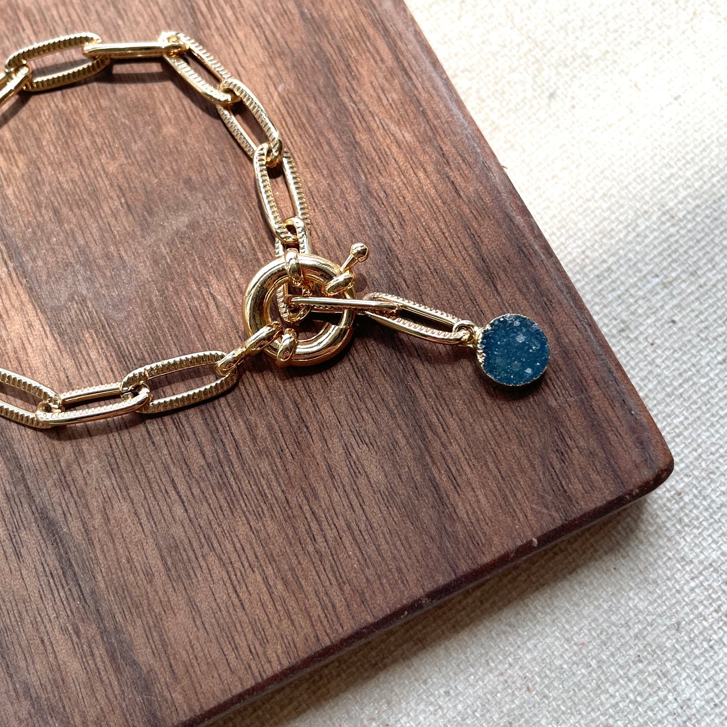 Blue Druzy Stone Oval Link Chain Bracelet