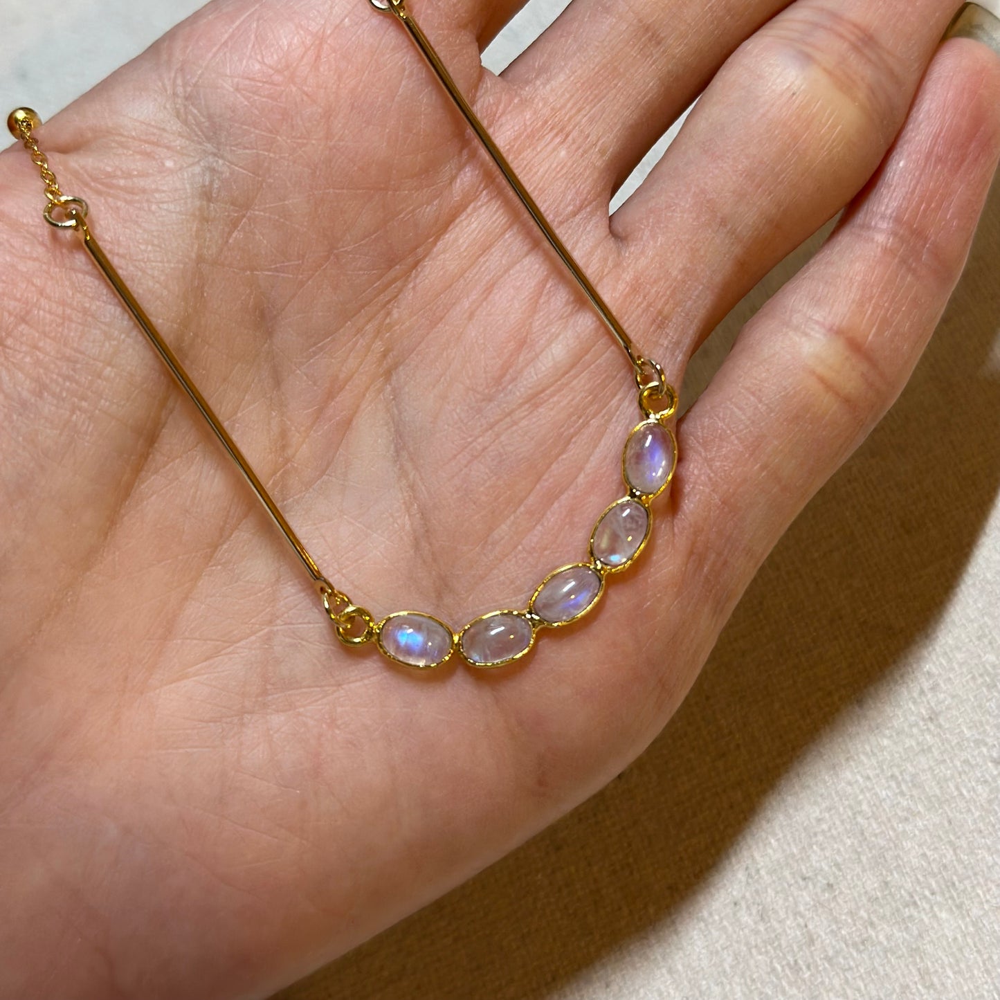 Curved Moonstone Mixed Chain Gold-plated Sterling Silver Necklace